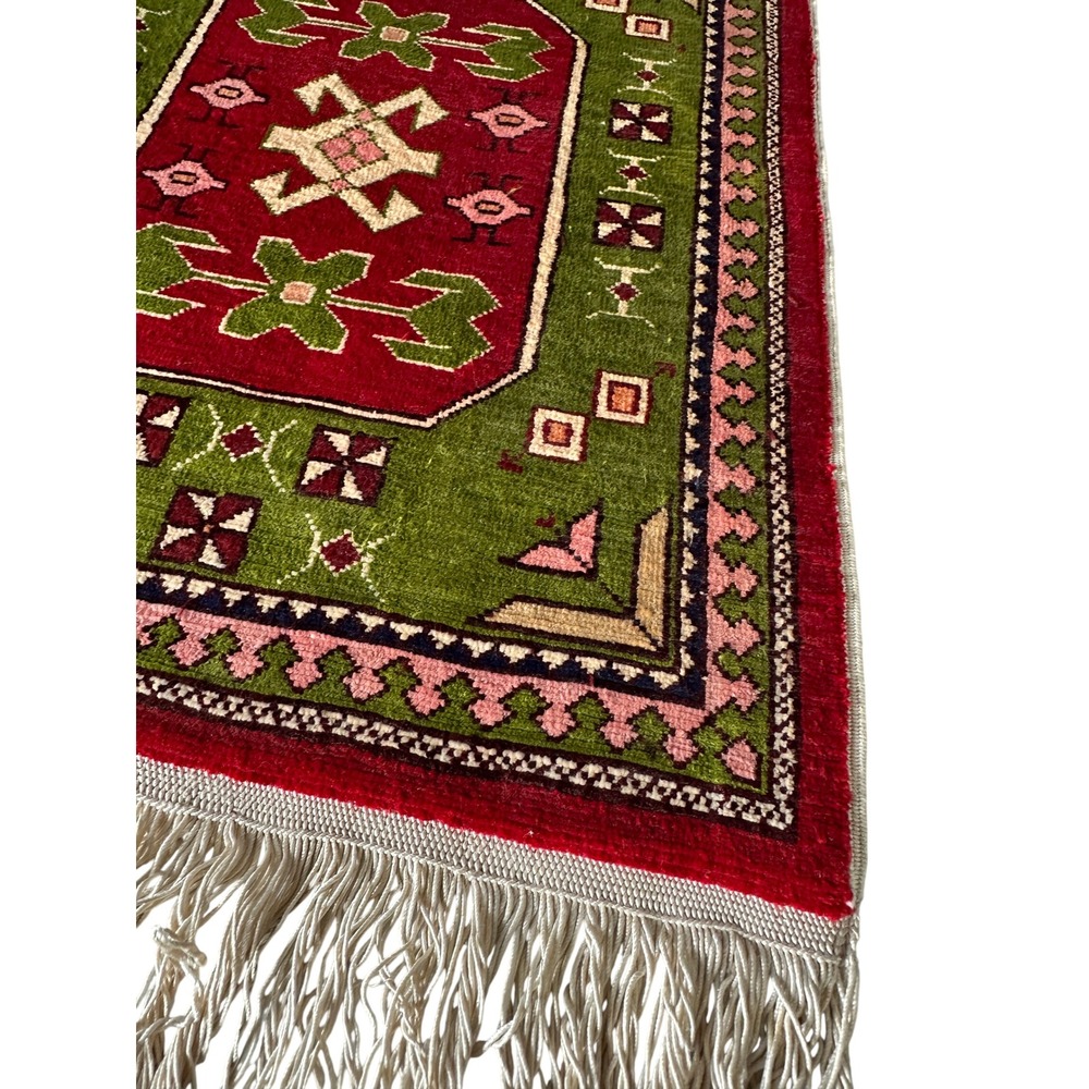 Vintage Miniature Mini Kilim Turkish Rug Decor Green Red 12x19 Silk Wool KC - Picture 2 of 10